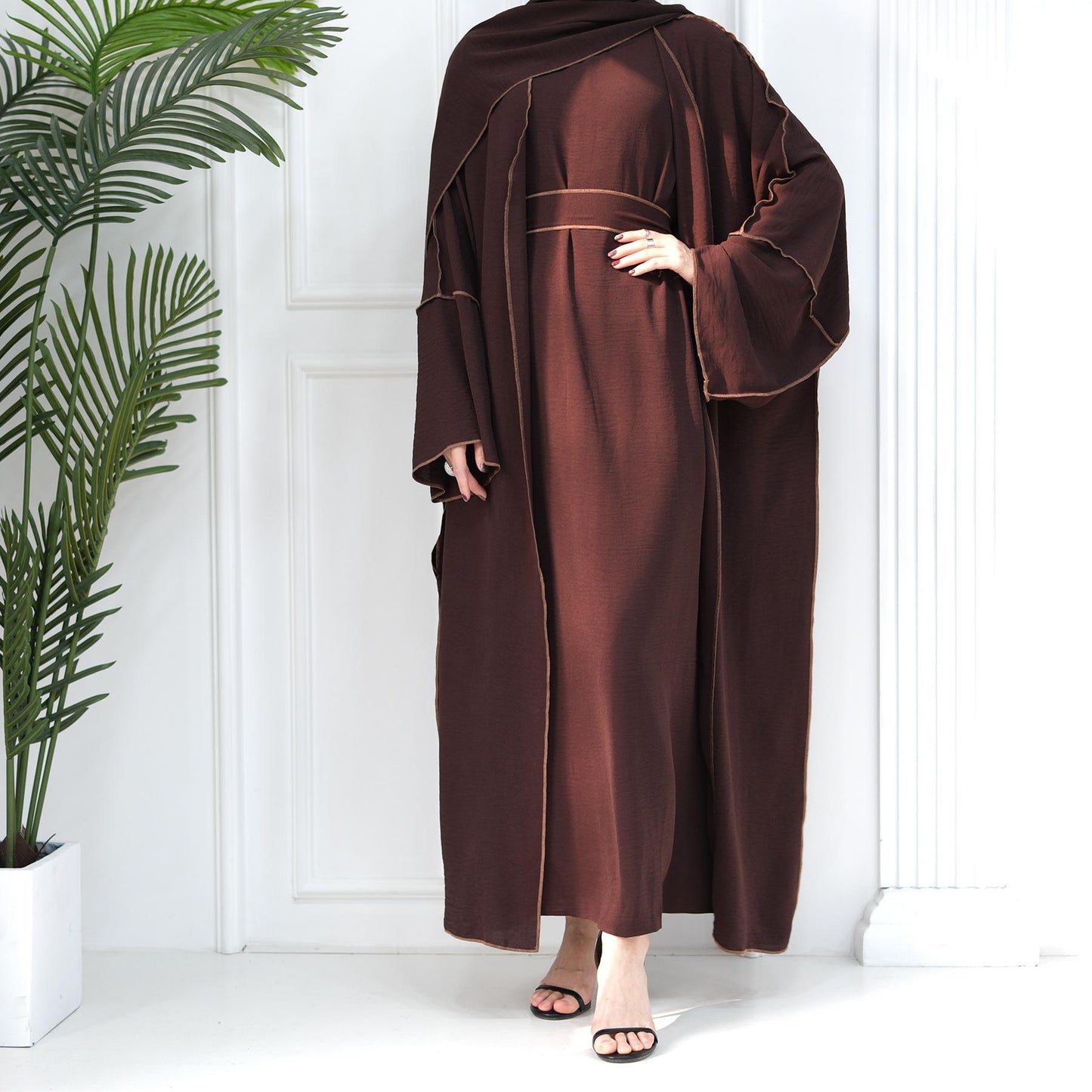 Set 3 pezzi Cardigan + abito interno senza maniche + hijab