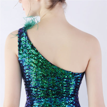 Ostrich Fur One-Shoulder Slant Neck Beaded Maxi Formal Dress