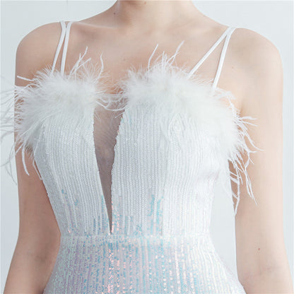 Ostrich Fur Halter Formal Dress