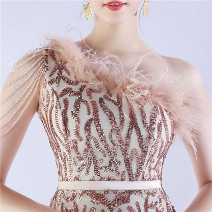 Fur Slant Neck One Shoulder Formal Dress