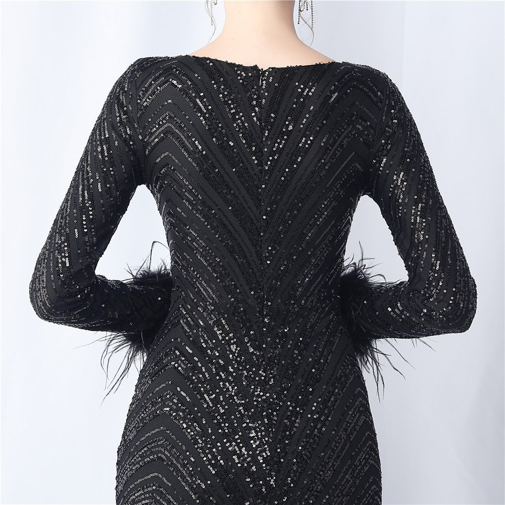 Ostrich Fur Long Sleeve Formal Dress