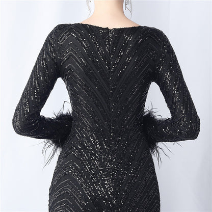 Ostrich Fur Long Sleeve Formal Dress