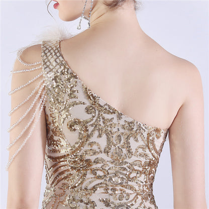 Beaded and Ostrich Fur Sequined Formal Dress