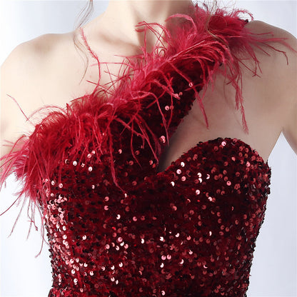 Ostrich Velvet Bottom One Shoulder Formal Dress