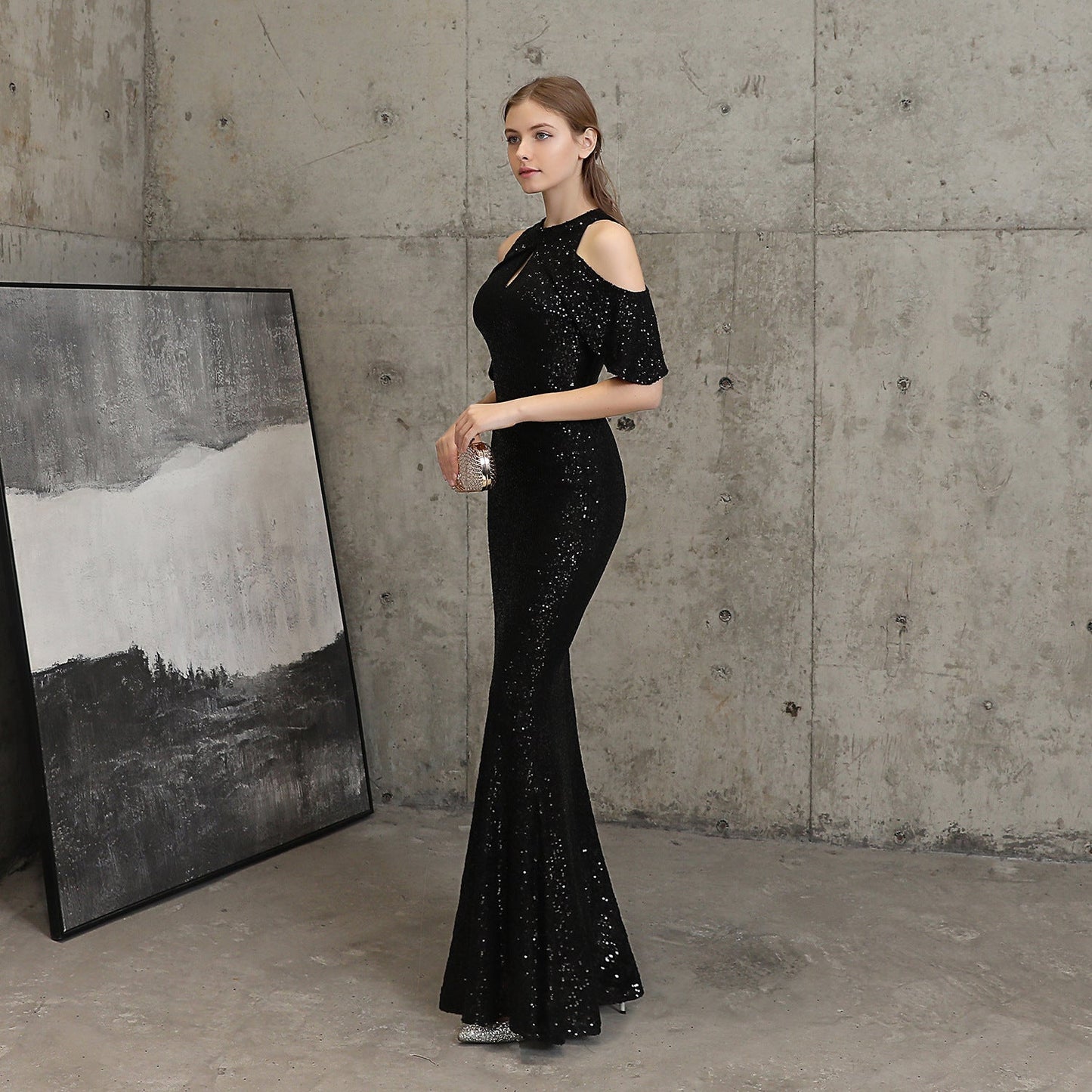 Short Sleeve Sequin Formal Dress