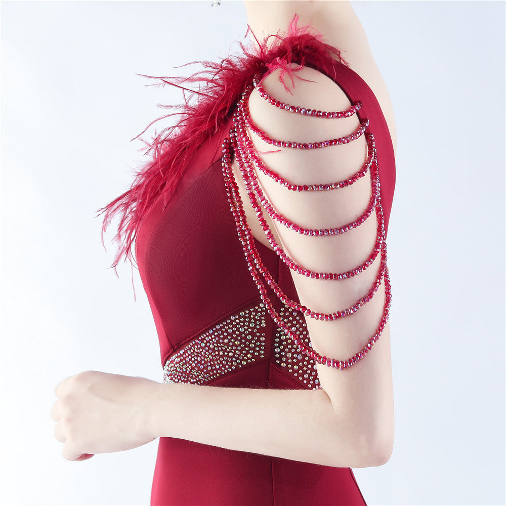 Fur Slant Neck One Shoulder Formal Dress