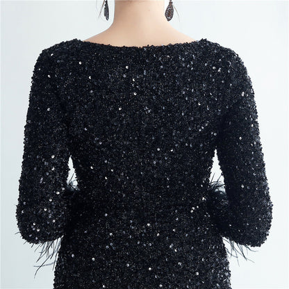 Split Long Sleeve Sequin Formal Dress