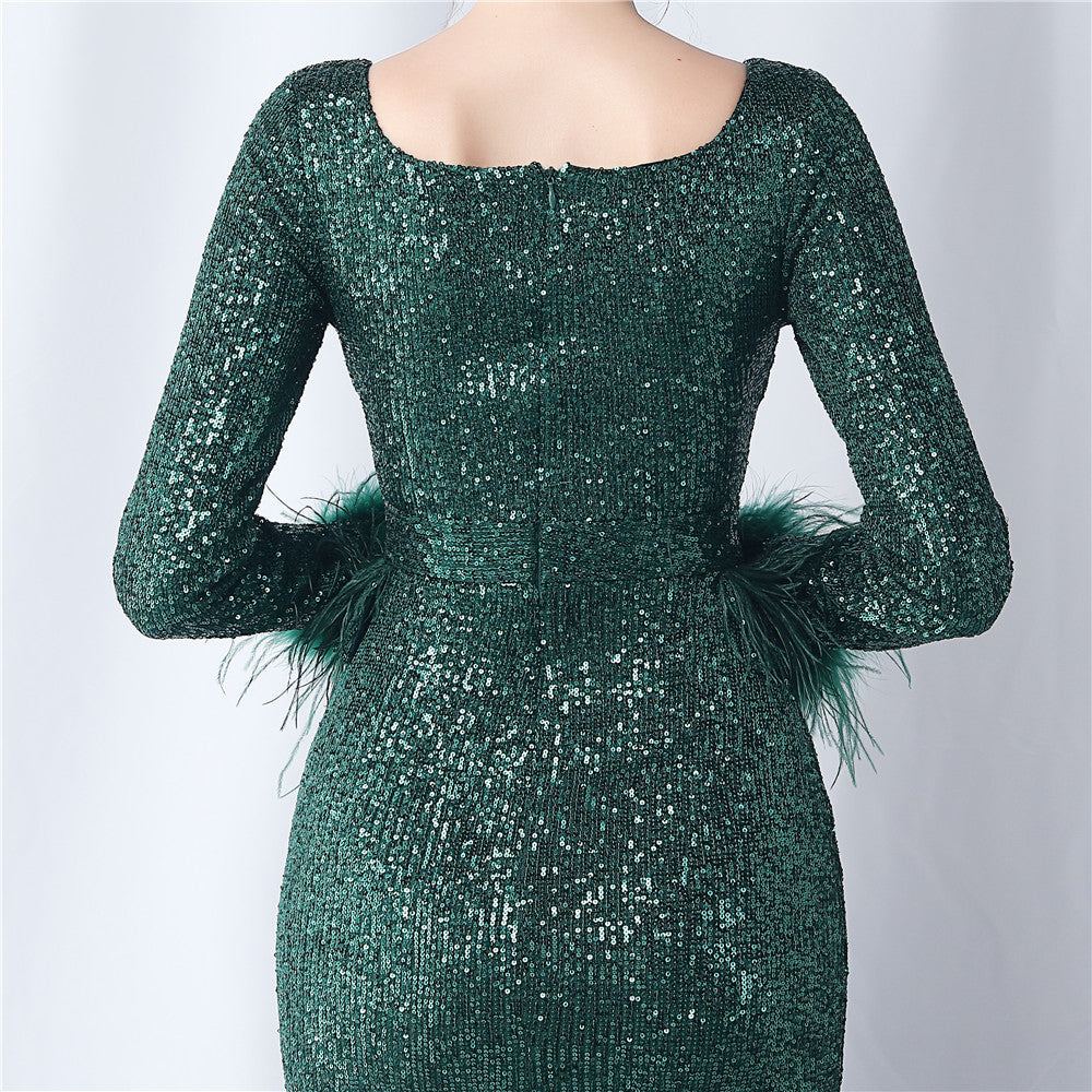Ostrich Fur Long Sleeve Formal Dress
