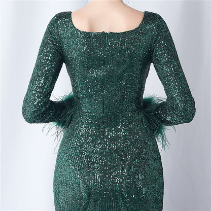 Ostrich Fur Long Sleeve Formal Dress