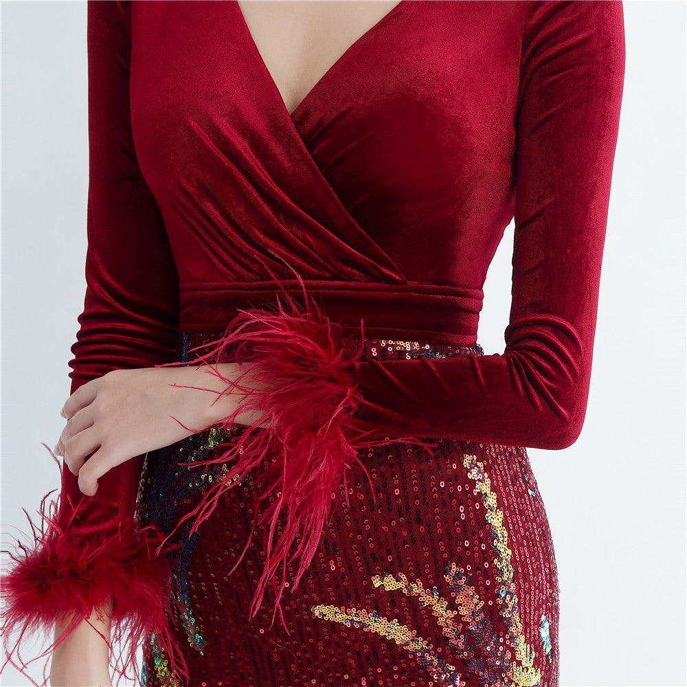 Ostrich Beaded Velvet Side Split Formal Dress