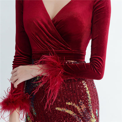 Ostrich Beaded Velvet Side Split Formal Dress