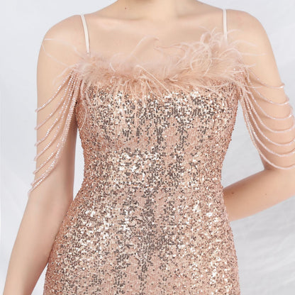 Ostrich Fur Illusion Beaded Formal Dress