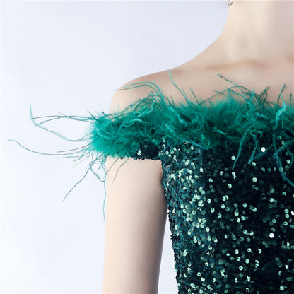 Fur One Shoulder Formal Dress