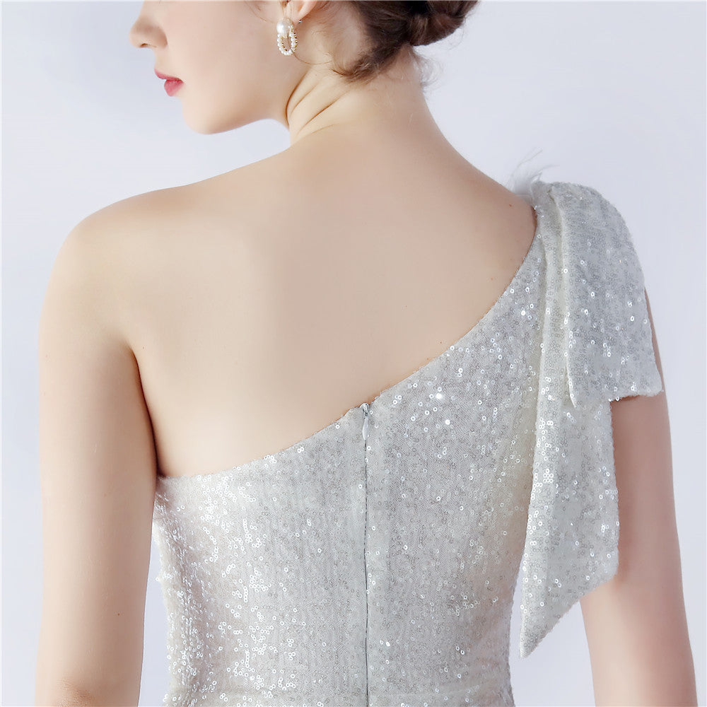 Fur Sequin One Shoulder Formal Dress