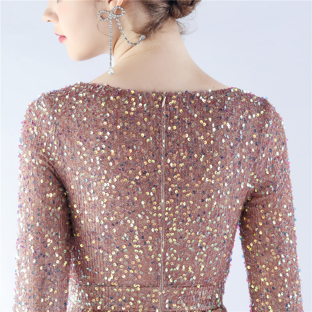 Ostrich Fur Long Sleeve Formal Dress
