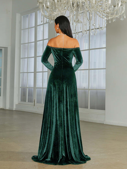 Off Shoulder Split Black Velvet Evening Dress
