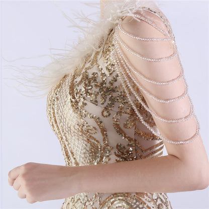 Beaded and Ostrich Fur Sequined Formal Dress