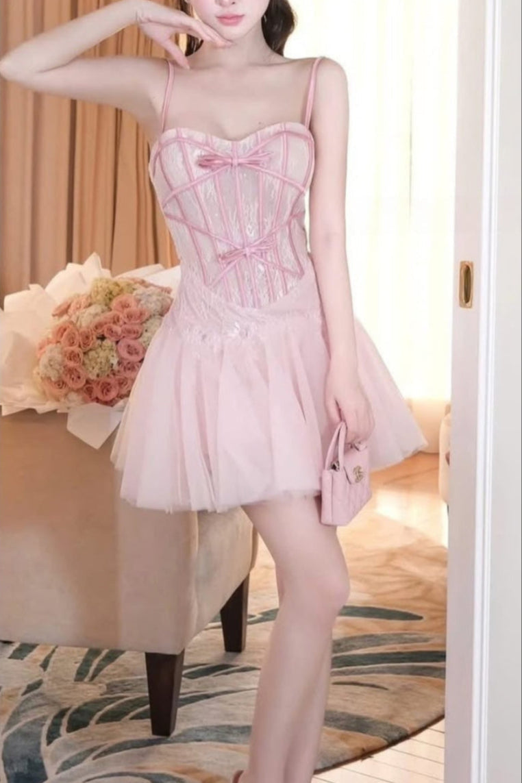 bow Tulle Corset mini Dress in Pink