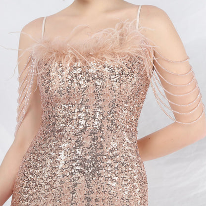 Ostrich Fur Illusion Beaded Formal Dress
