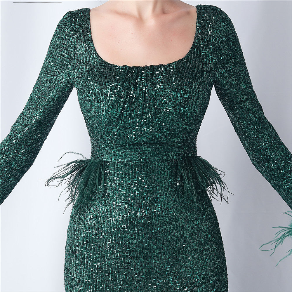 Ostrich Fur Long Sleeve Formal Dress