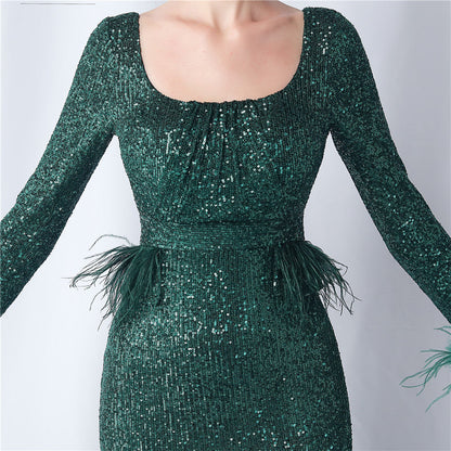 Ostrich Fur Long Sleeve Formal Dress