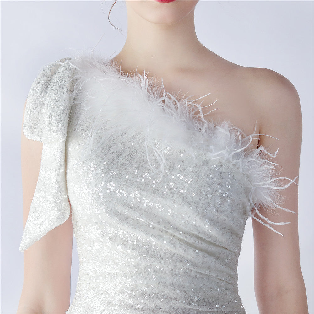 Fur Sequin One Shoulder Formal Dress