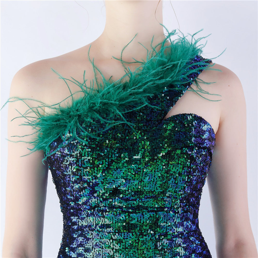 Ostrich Fur One-Shoulder Slant Neck Beaded Maxi Formal Dress