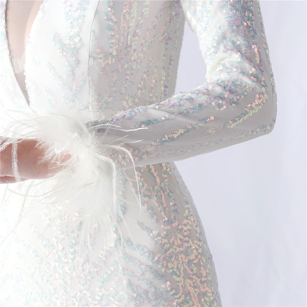 Ostrich Fur Mesh Beaded Formal Dresses