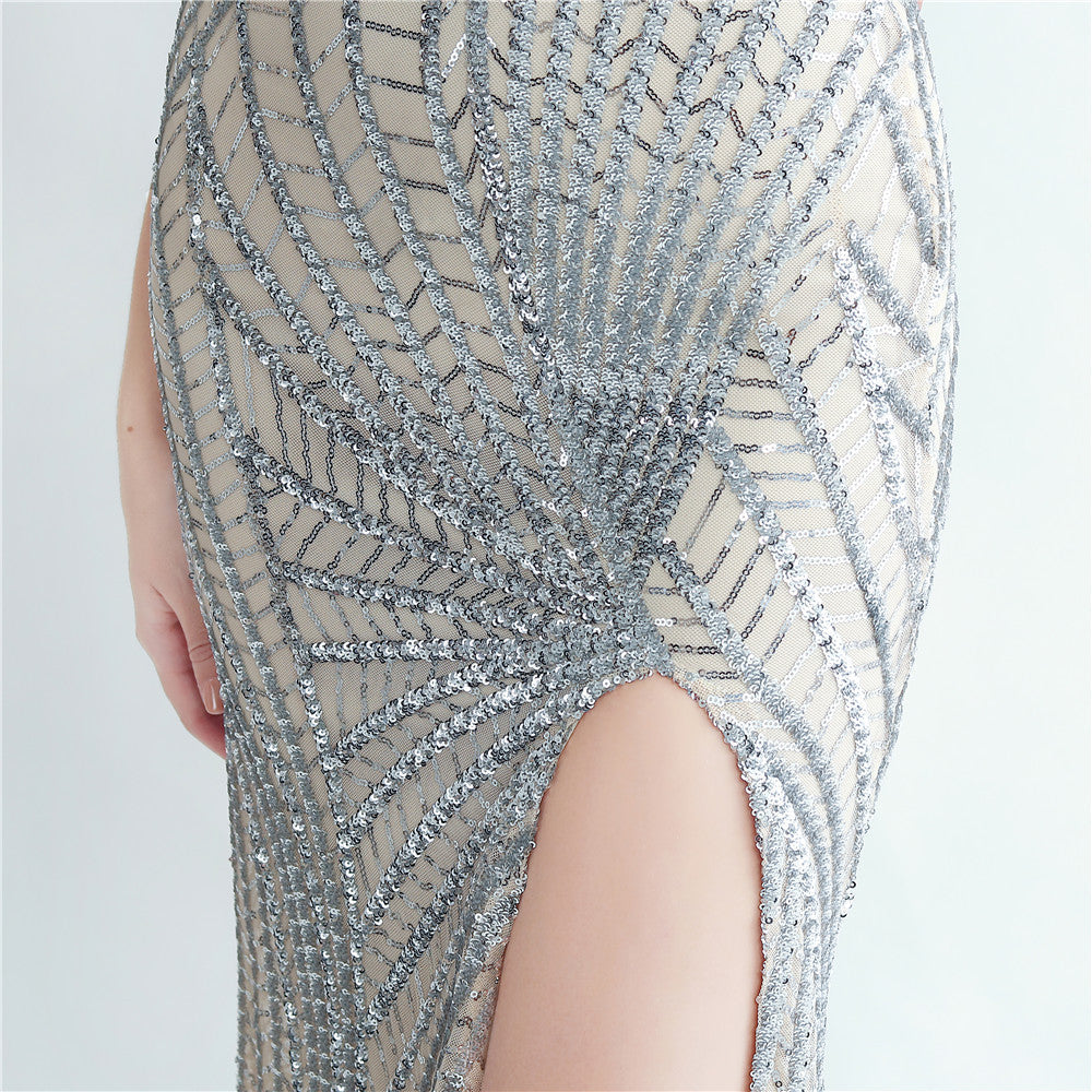 Fur Layered Beaded Formal Dress