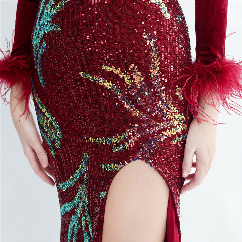 Ostrich Beaded Velvet Side Split Formal Dress