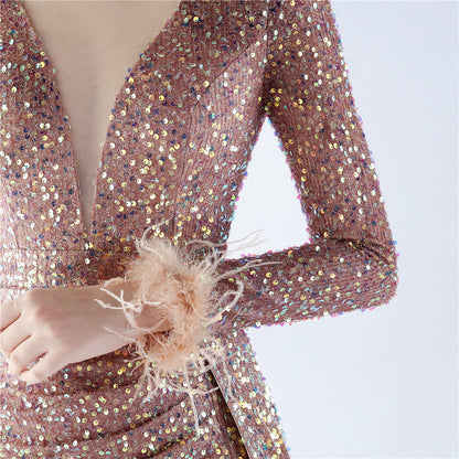 Ostrich Fur Long Sleeve Formal Dress