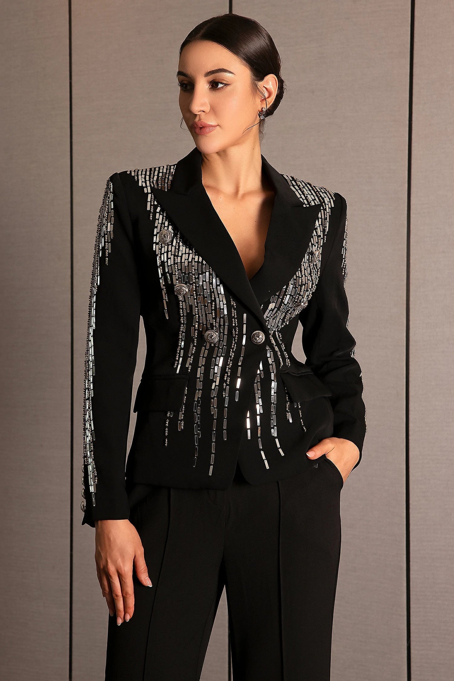 andrea Faidra Rhinestone Double Breasted Lapel Blazer in black