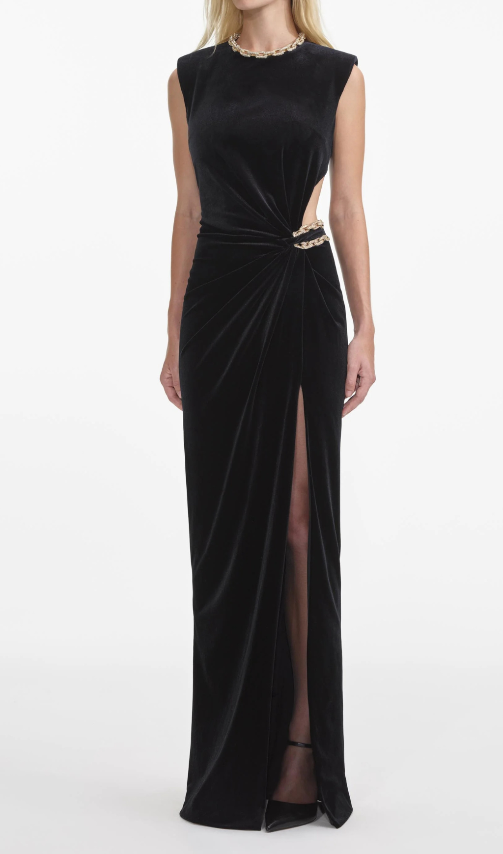 velvet crystal embellished maxi dress in black