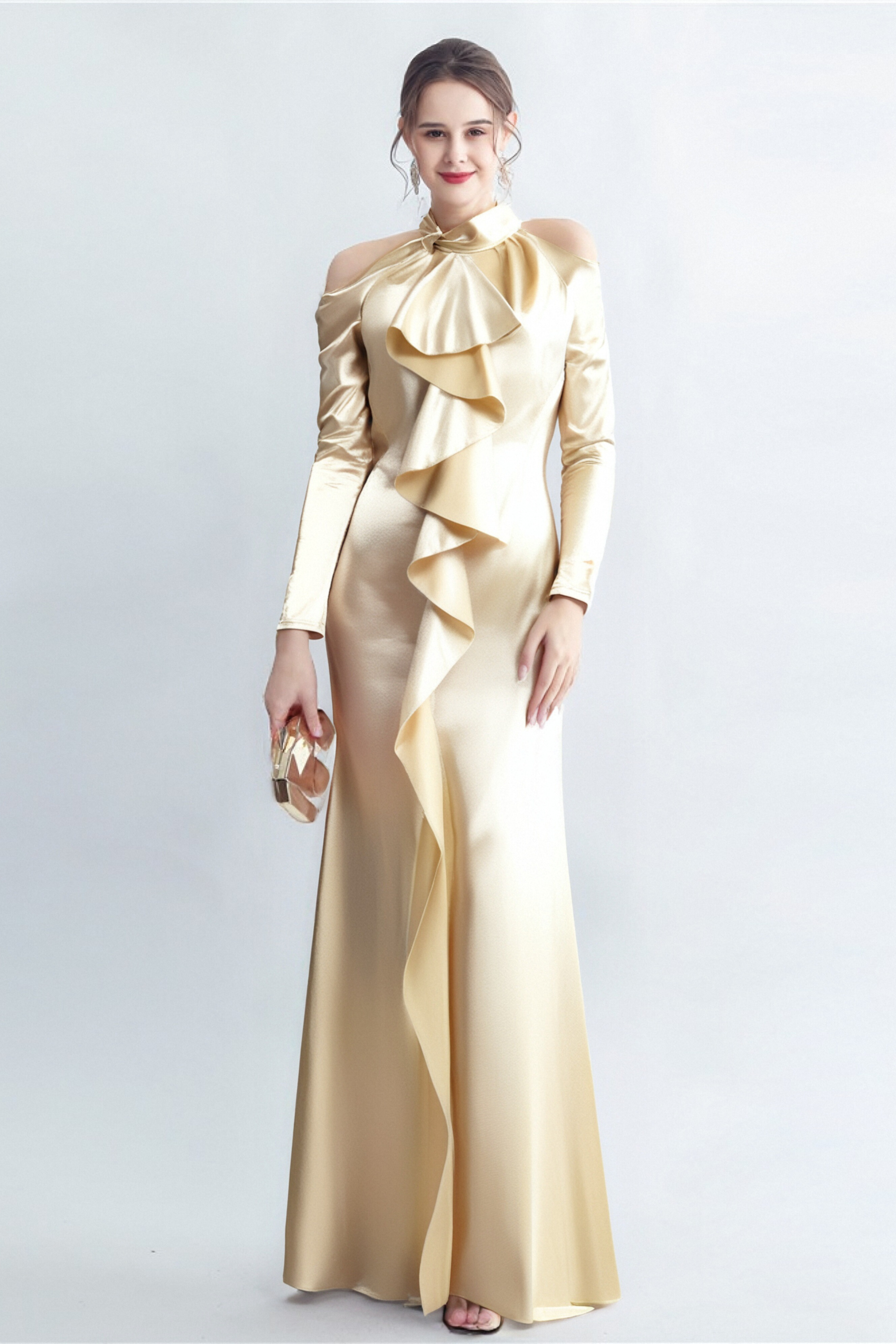 RAE CHAMPAGNE ONE-SHOULDER RUFFLE EMBELLISHED MAXI DRESS