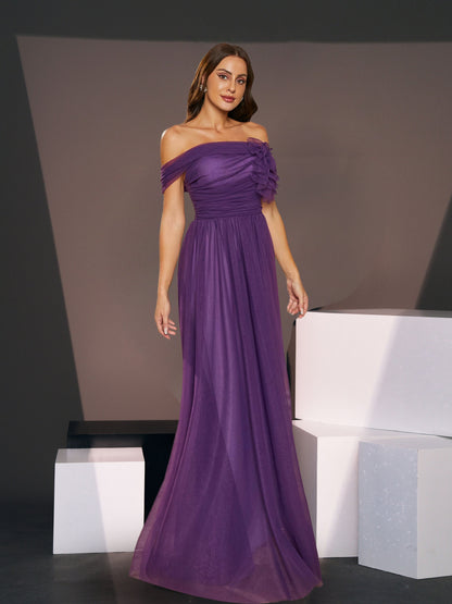 Off Shoulder Pleated A-Line Purple Tulle Bridesmaid Dress