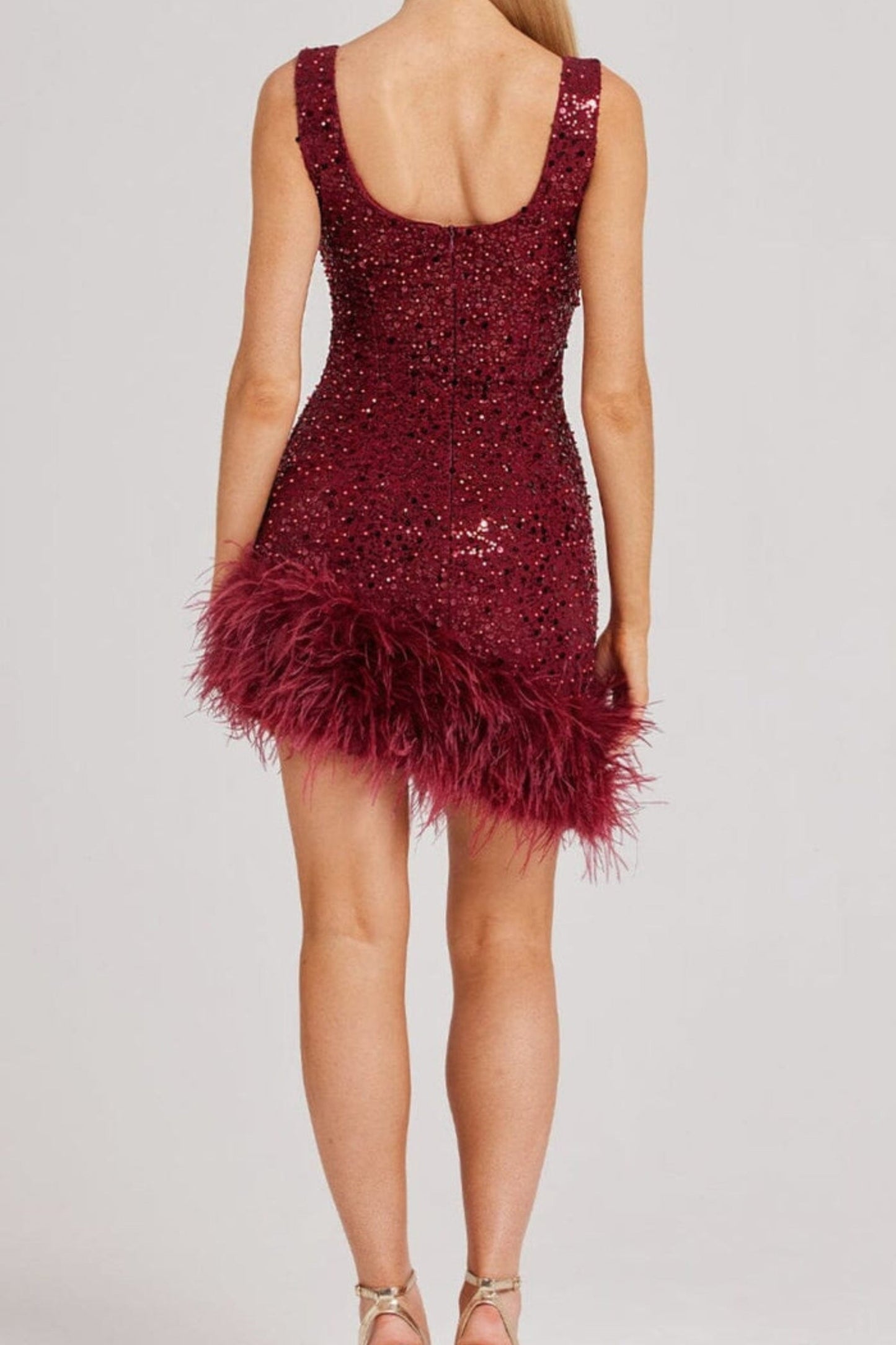 RED FEATHER SEQUIN DRESS