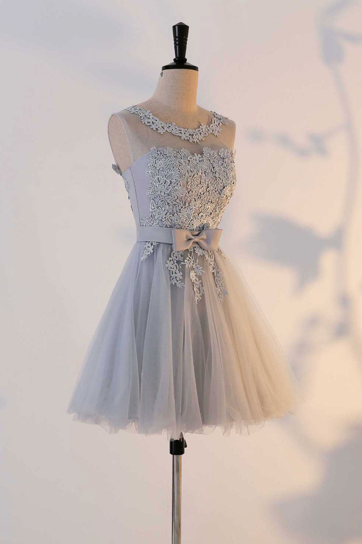 gray tulle lace mini prom dress