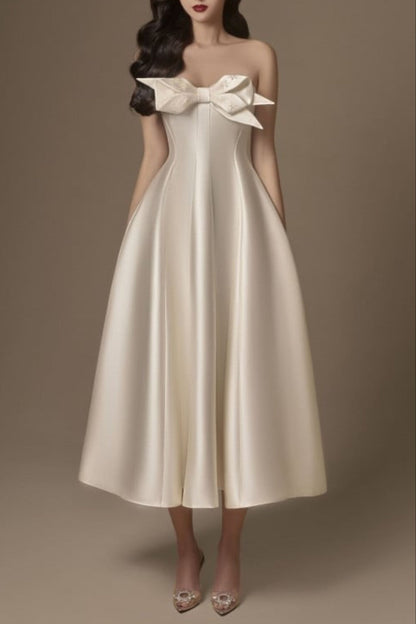 BEIGE FLARED SEMI-HEART NECK TAFFETA MIDI DRESS