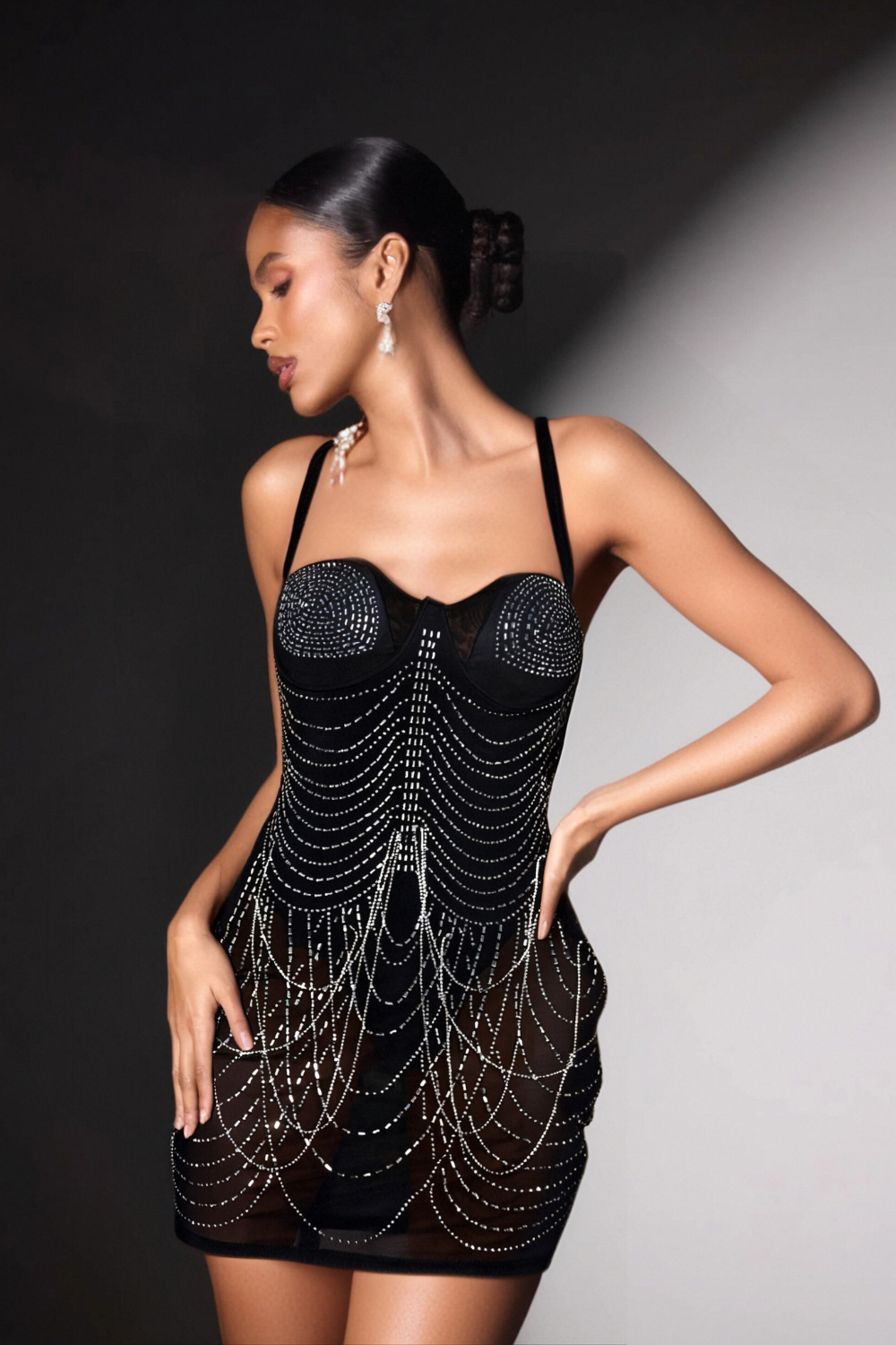 RHINESTONE EMBELLISHED MESH DRESS