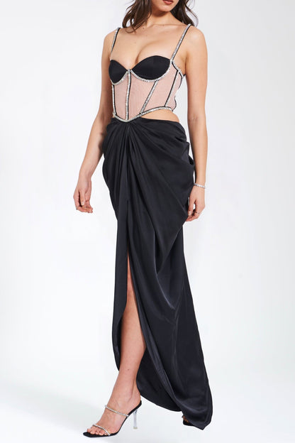 Black Satin Crystal Embellished Corset Dress
