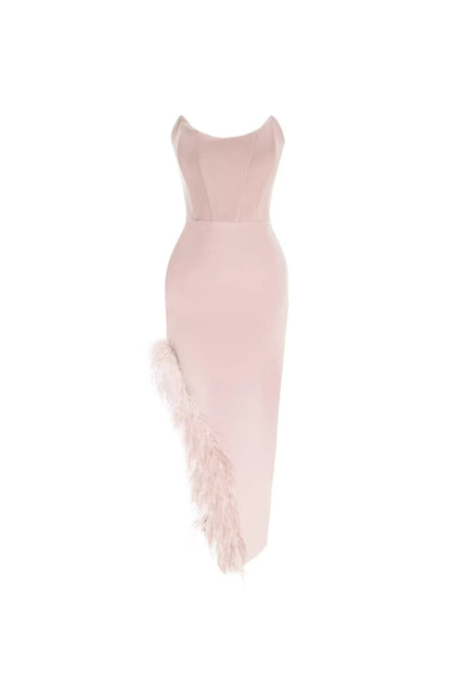 FEATHER TRIM SPLIT MIDI DRESS IN BUBBLEGUM