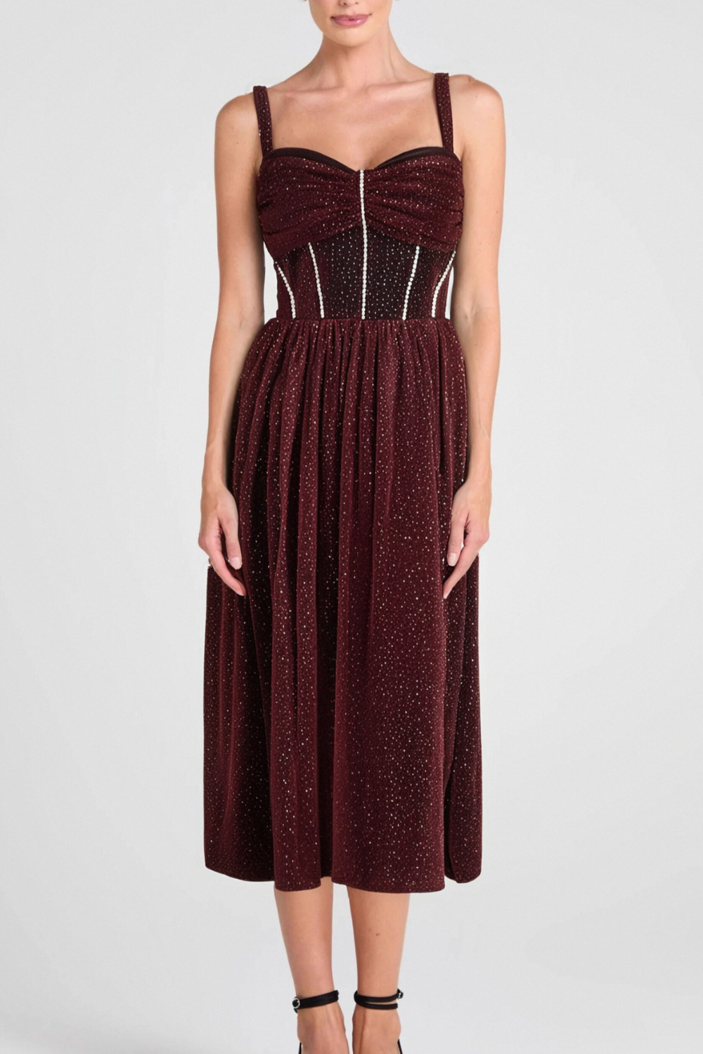 RUCHED BUST RHINESTONE MESH CAMI DRESS