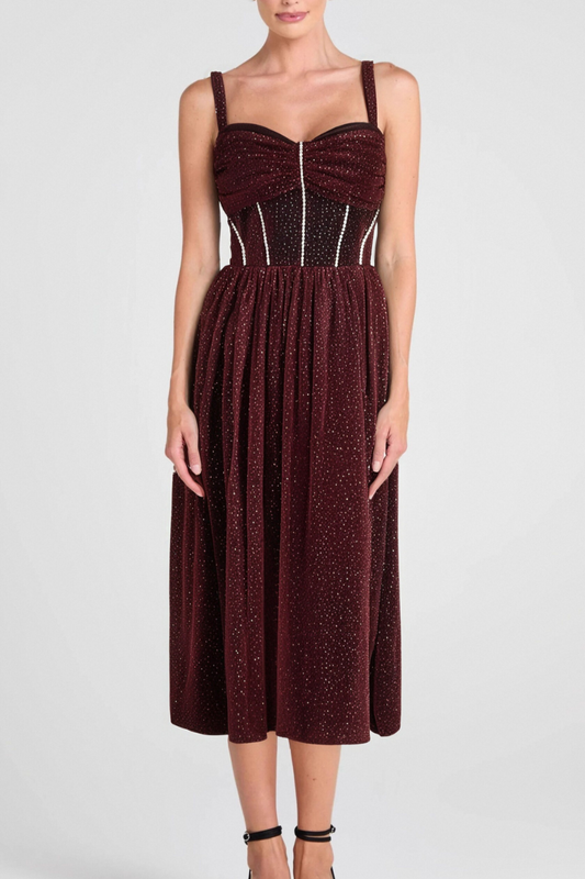 RUCHED BUST RHINESTONE MESH CAMI DRESS