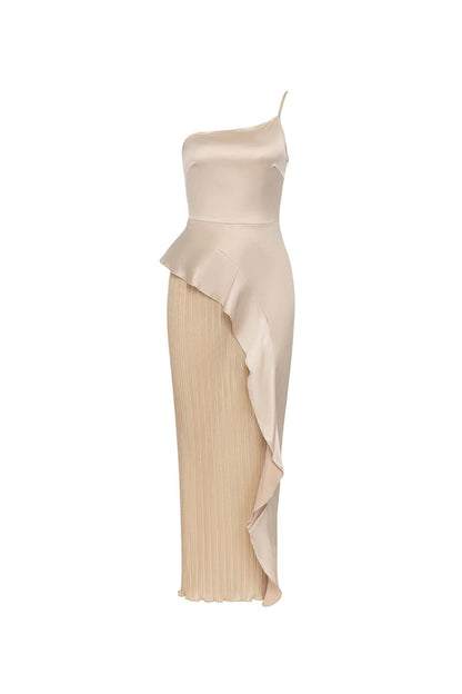 RUFFLED PLATED MAXI DRESS IN KHAKI