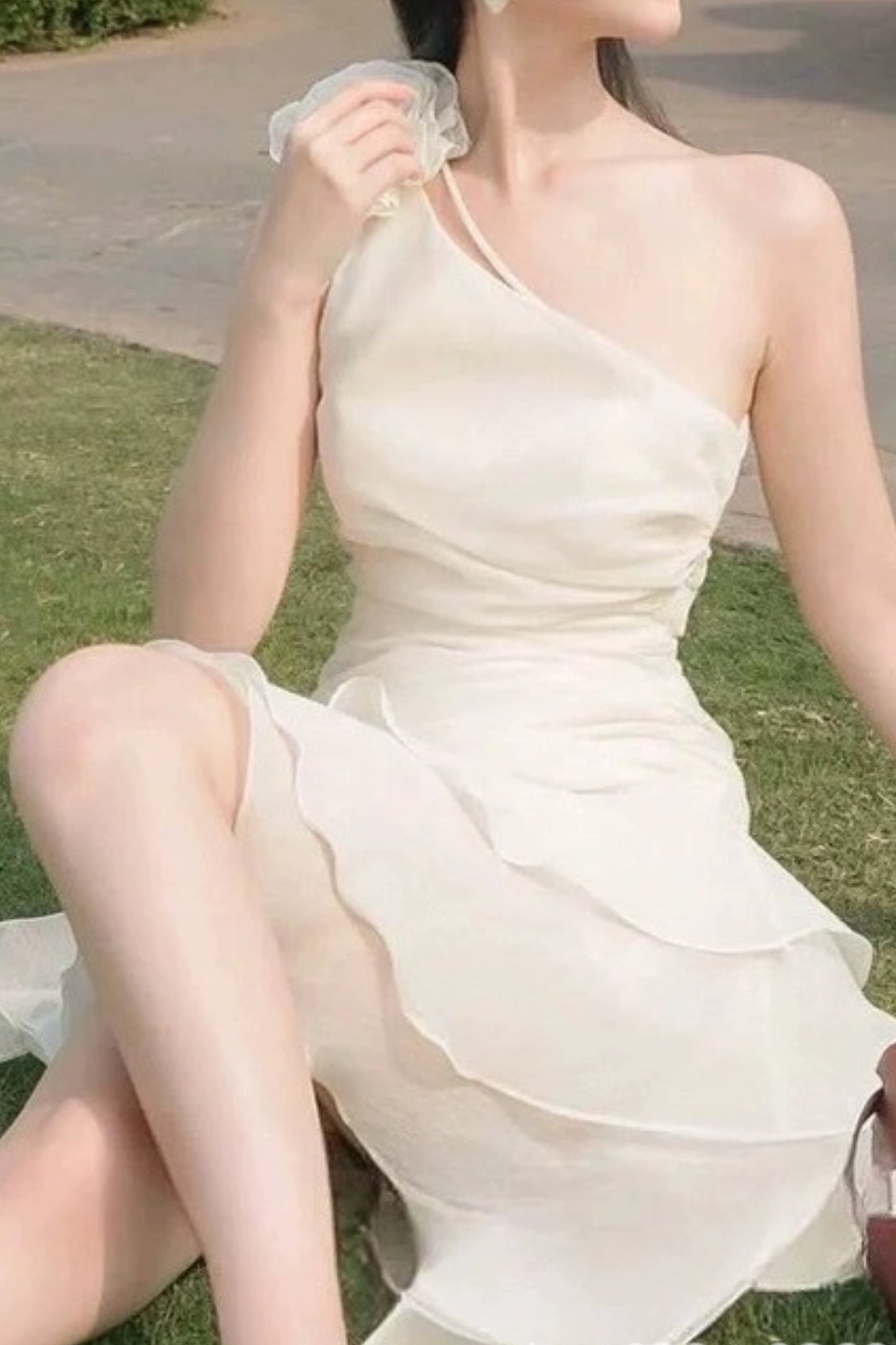 Flower one shoulder ruffle mini dress in white