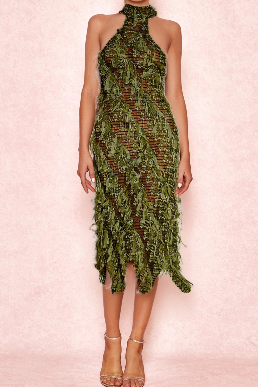 ABITO MIDI VERDE CON SCOLLO ALTO E SCHIENA SENZA CUCITURE