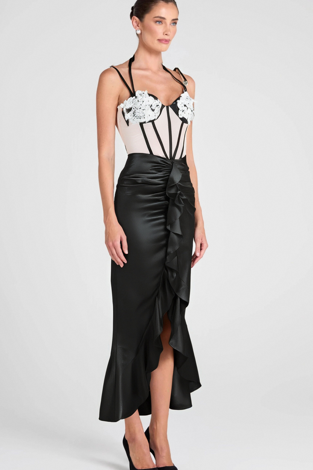 BEULAH BLACK SATIN CORSET SEQUIN WING CUP DRESS