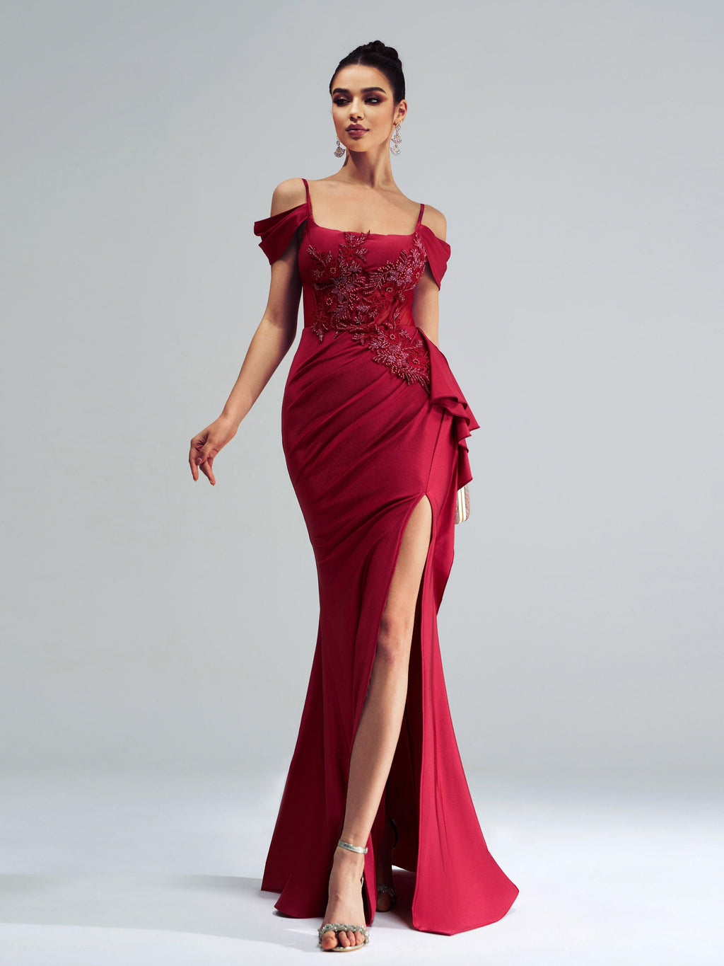 Red Embroidered Ruffled Mermaid Prom Dress