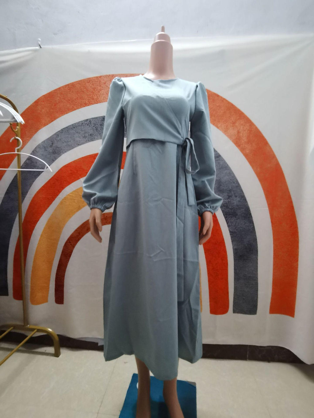 Temperament Long Sleeve Fake Two-piece Lace-up Dress Long Skirt