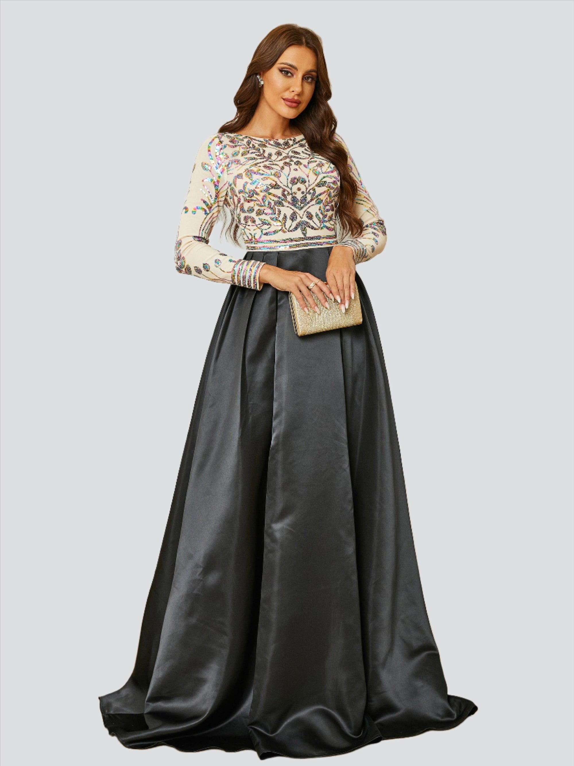 Formal A-Line Satin Panel Black Ball Gown